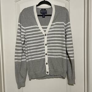 Vintage American Rag Grey and White Striped Button Up Cardigan Size Medium